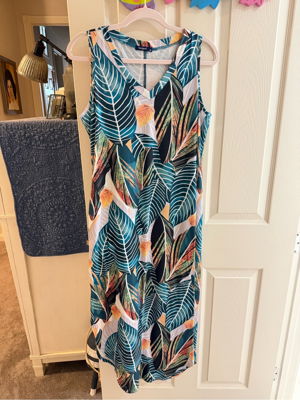 Teal Tropical Leaf V-Neck Sleeveless Dress with pockets